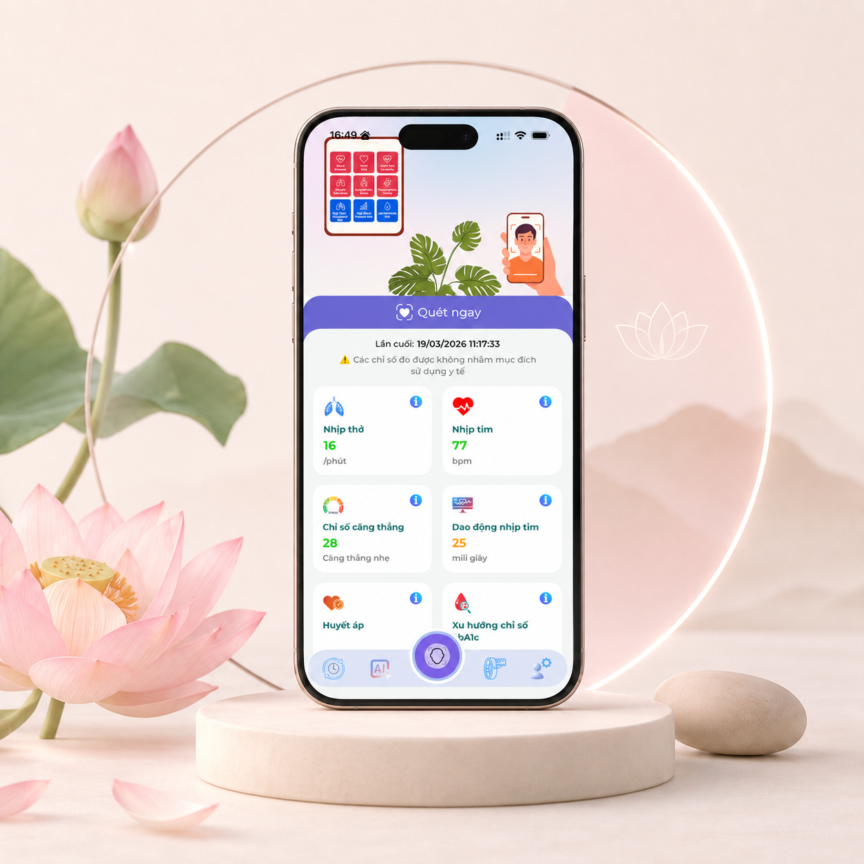 Ứng dụng JBA AI scan sức khỏe trên điện thoại bên hoa sen