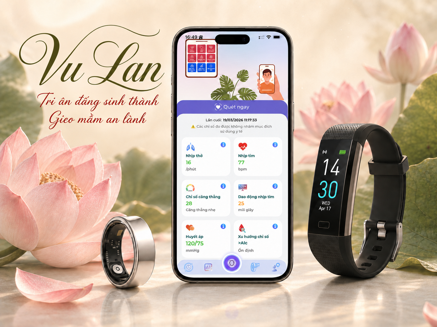 JBA AI Vu Lan - Ứng dụng JBA AI scan sức khỏe, Nhẫn và Vòng đeo trên nền hoa sen hồng