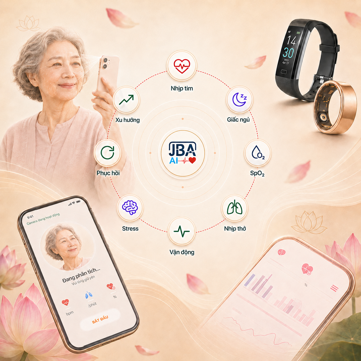 Dấu ấn sinh học — hệ sinh thái JBA AI với các chỉ số nhịp tim, giấc ngủ, SpO2, nhịp thở, vận động, stress, phục hồi và xu hướng